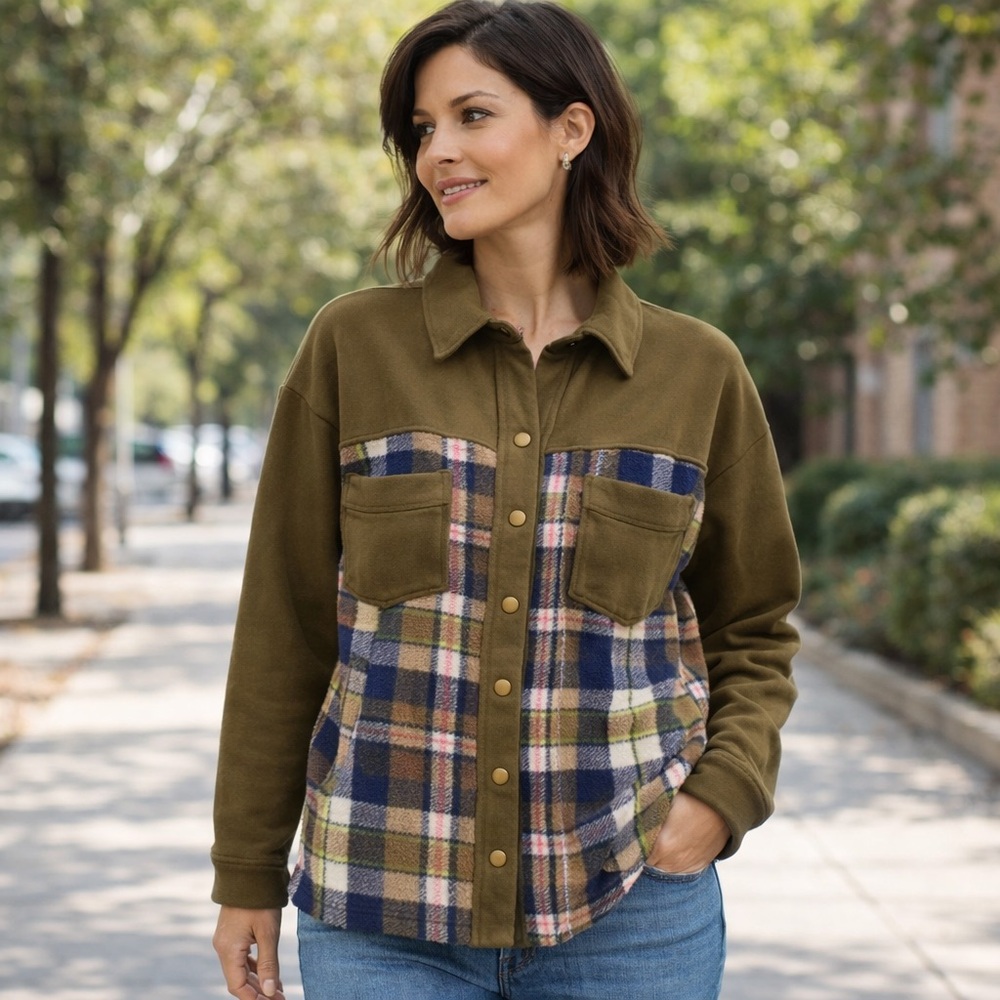 Anthropologie Pilcro Plaid & Olive Fleece Shacket Top | Cozy Utility Chic